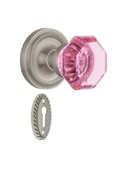 Rope Rosette Mortise Lock Set with Colored Waldorf Crystal Glass Knobs Pink in Satin Nickel.